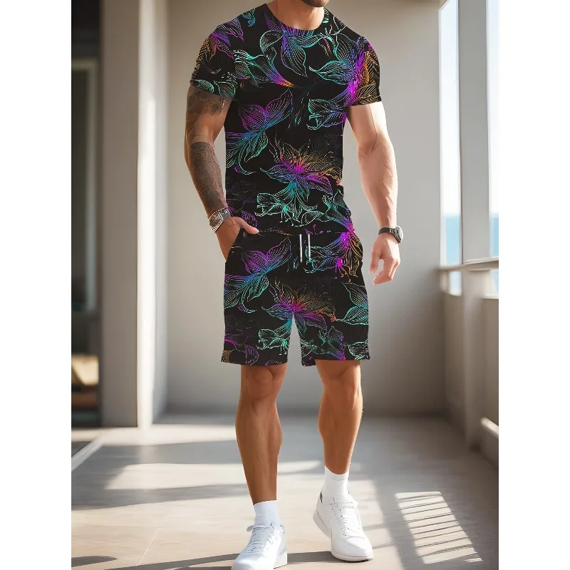 

2025 Men's Short Sleeved Shorts Set New Fashion Trend Casual T-shirt Summer Essential Creative Retro 3D Digital Printing