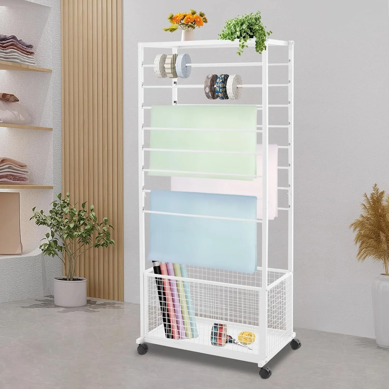 16-Tier Double Sided Fabric Storage Organizer Rack, Size 26.38×12.6×59.06 Inch White Handmade Storage Cabinet with 4 Lockable Swivel Casters