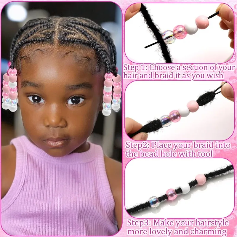 60PCS Silicone Hair Beads for Braids, Light Pink Matte & Iridescent Clear Pony Beads with Tool for Kids Locs, Glittery Dreadlock view 5