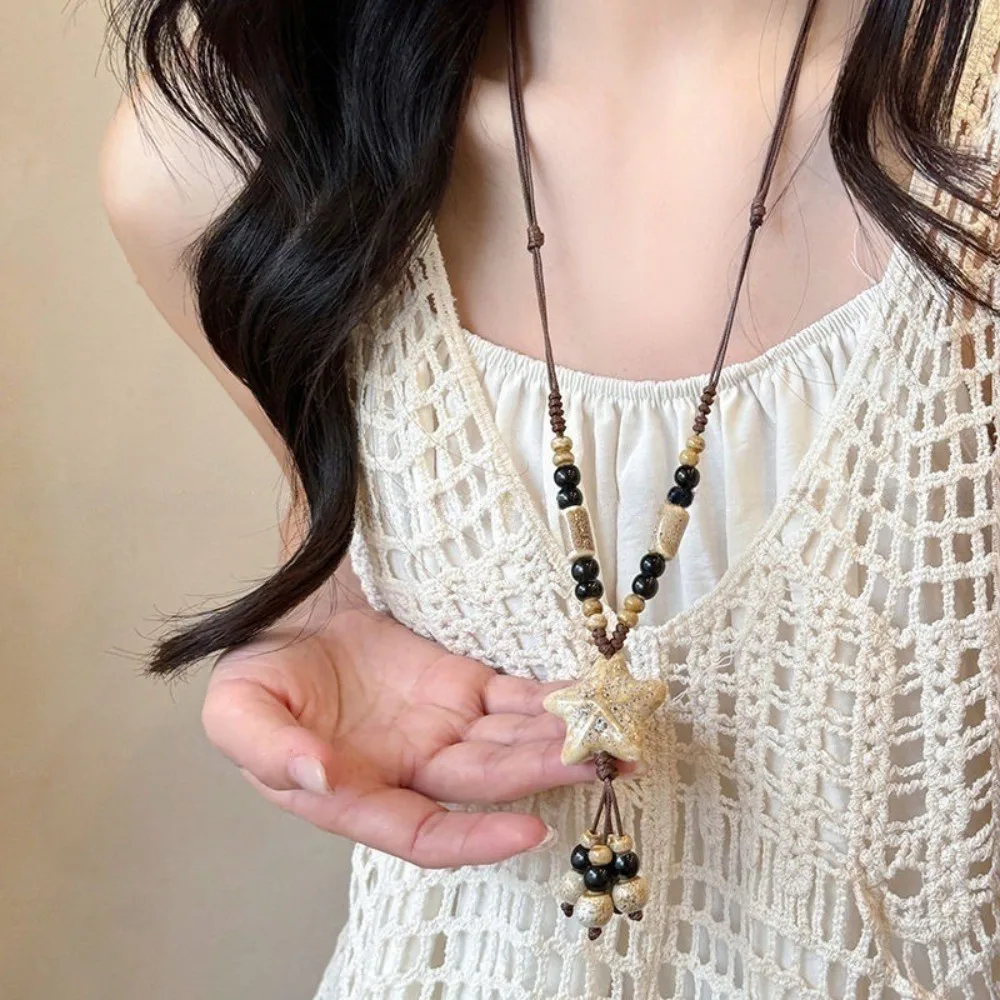 New Ceramic Bohemia Necklace Handmade Colorful Starfish Pendant Ethnic Wax Rope Chain Necklace Women