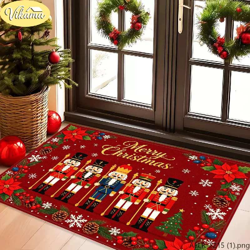 VIKAMA Vintage Christmas Nutcracker Doormat, “Merry Christmas, Soldier” Patterned Rug, Non-Slip, Absorbent Doormat, Home Decor