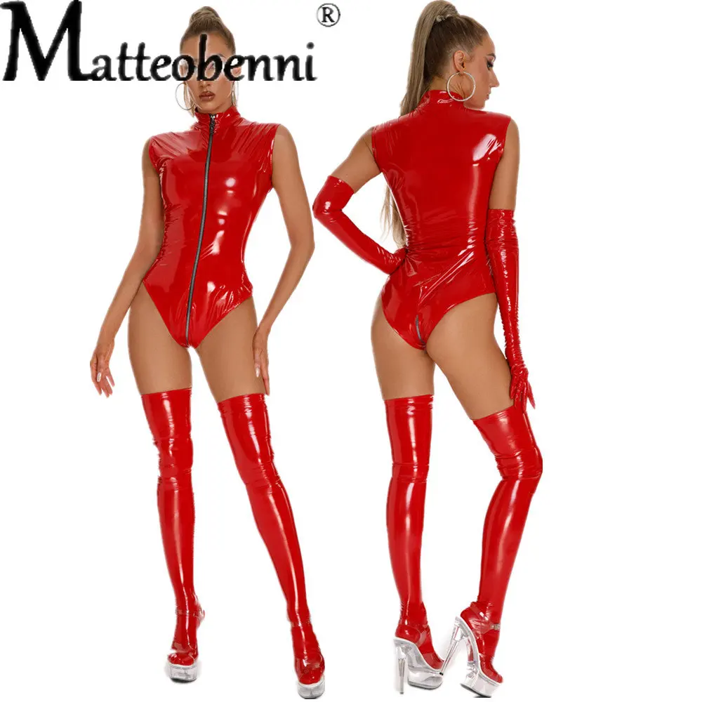 

Women Cosplay PU Faux Leather Latex Bodysuit Sexy High Cut Catsuit Leotard Sexy Tights Shaping Wear One Piece Thong Stage Wear