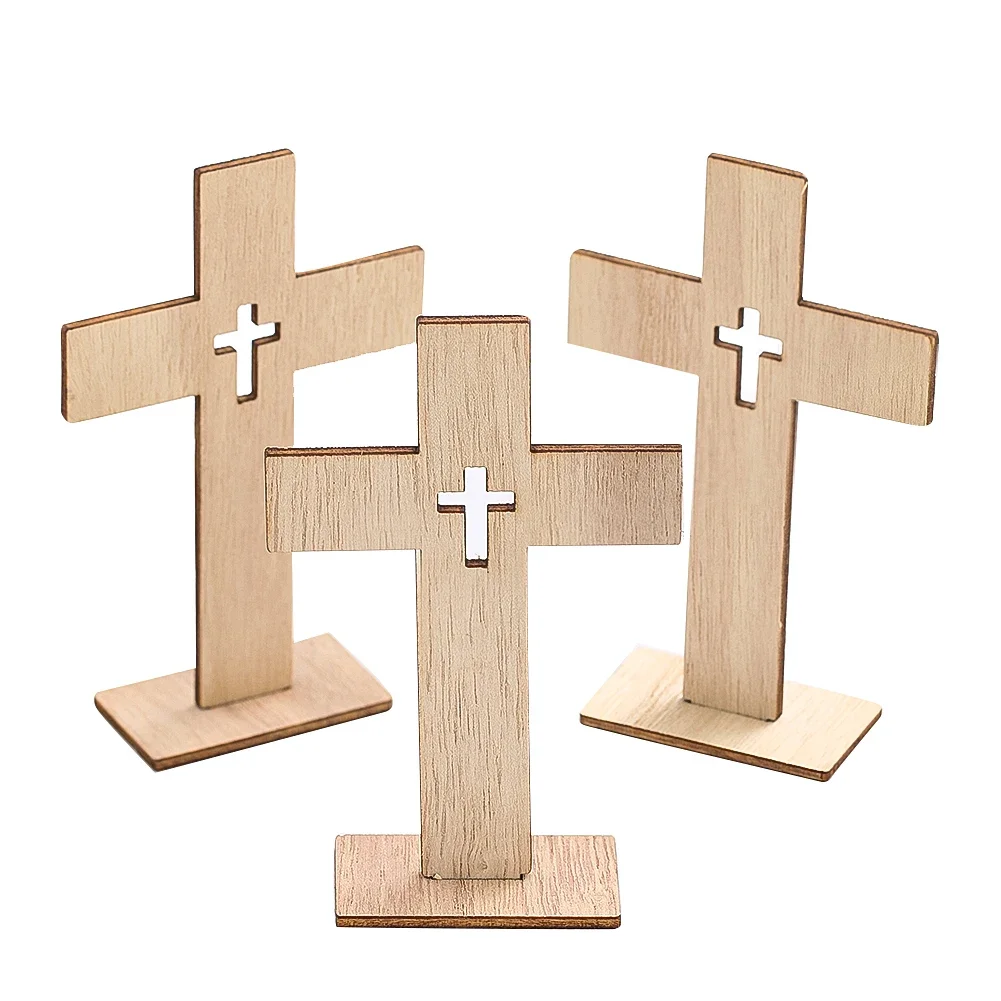 Wooden Vertical Wall Crosses Christian Holiday Ornament Set Jesus Prayer Handheld Catholic Craft Church Services Decoration 8PCs