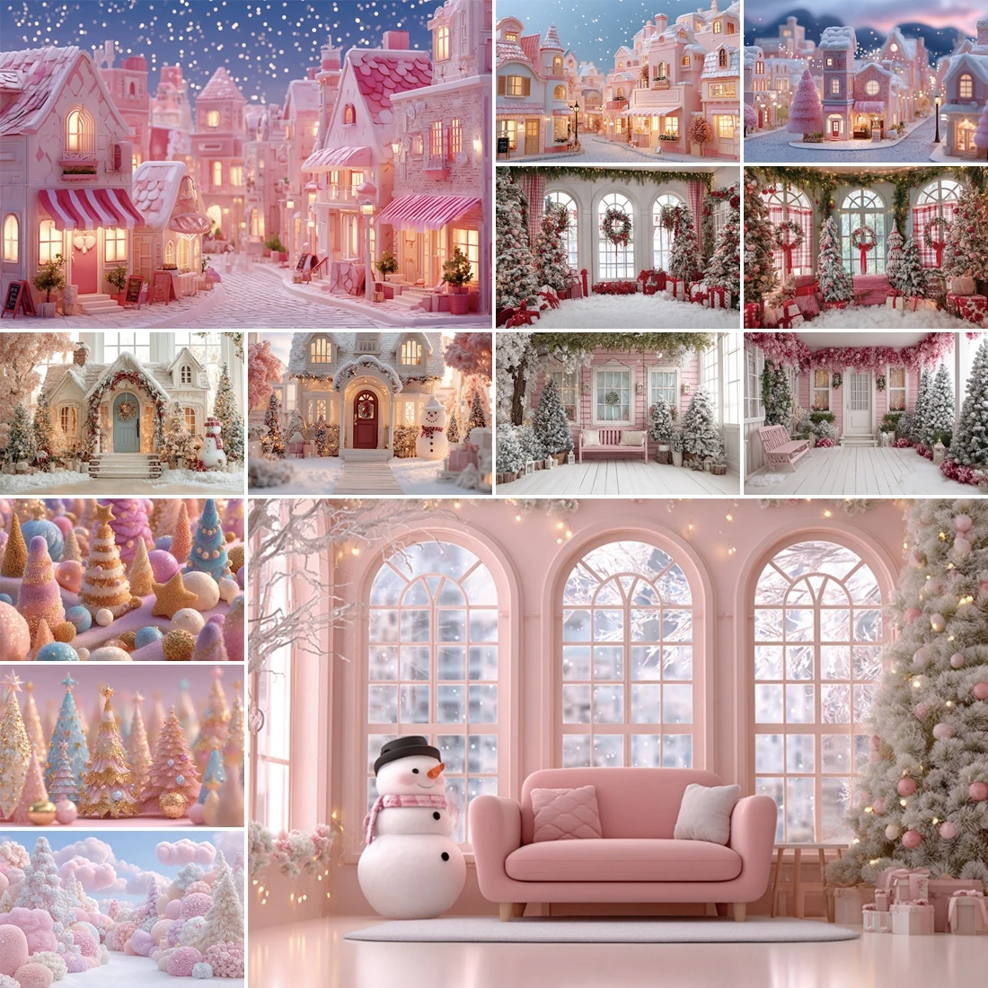 

MOON.QG Pink Christmas Decoration 2025 Backdrops Arched Windows House Wreath Photo Background Party Supplies Photography Props
