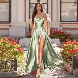 Abito da ballo in raso con cinturino per Spaghetti da donna lungo elegante verde menta senza schienale estate a-line Maxi abito da sera Vestidos Gala