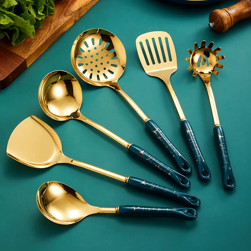 

Dark green gold cooking pots set stainless steel cookware set non stick Spatula Shovel spoon kitchen utensils accessories set