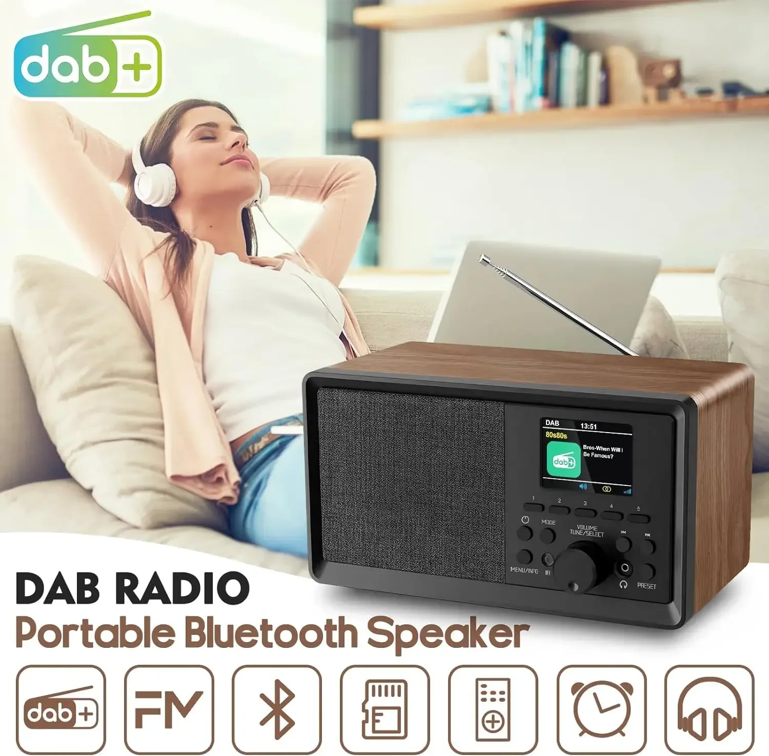 Multifunctional DAB/DAB+/FM Radio Bluetooth 5.0 Speaker Retro Wood Design with Remote Control USB/AUX Headphone Jack Soundbox