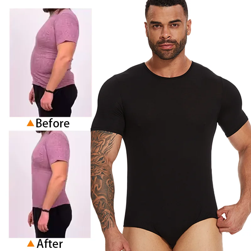 Mens Round Neck Shapewear Short Sleeve Bodysuit Press Button Crotch Underwear Tummy Control Jumpsuit High Stretch Fitness