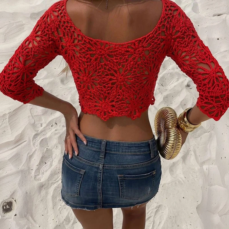 Spring Summer Vacation Solid Color Women Top Fashion Hollowed Out Half Sleeved Beach T-shirt Low Cut Deep V Tie Up Crochet Tees