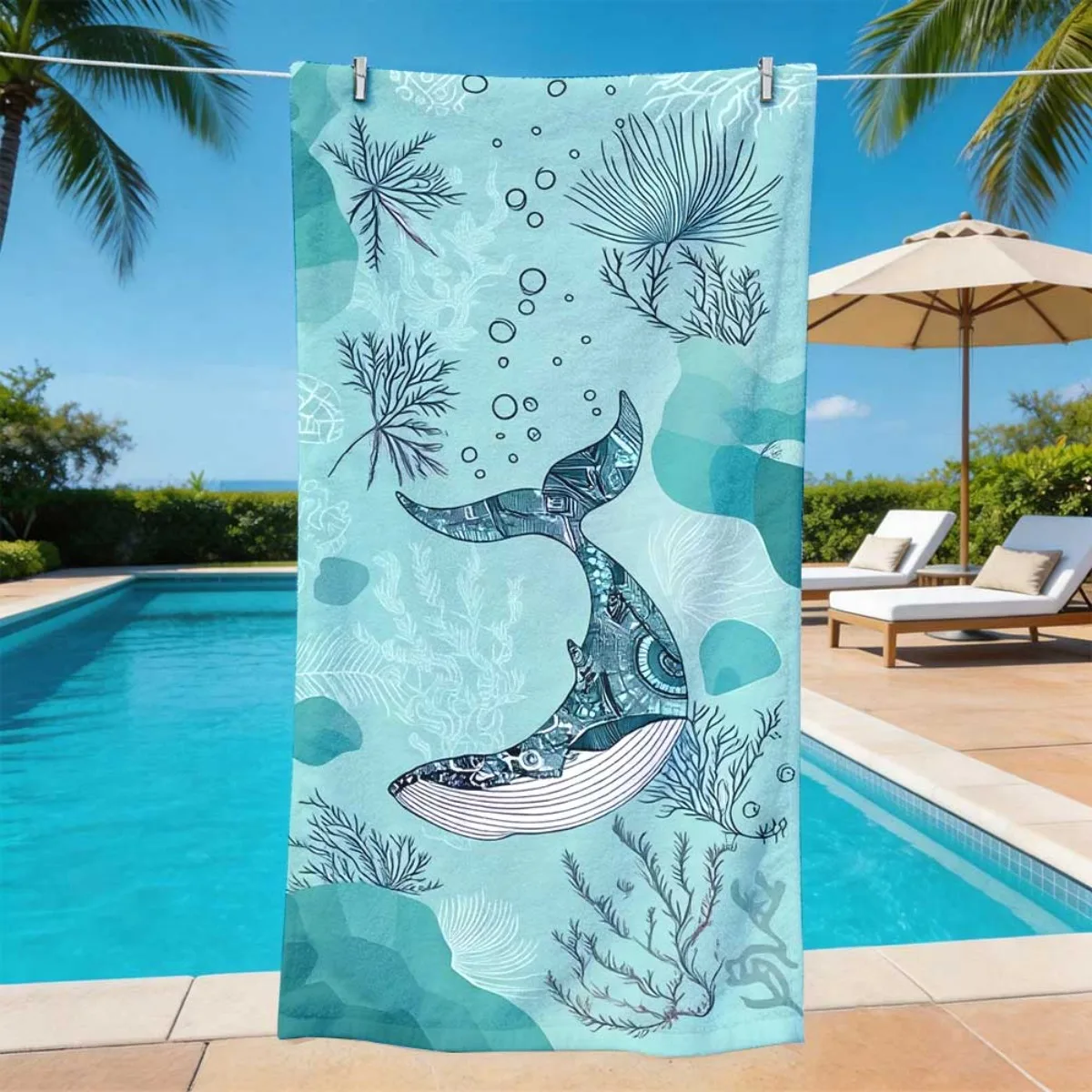Ocean Themed Microfiber Towel Artistic Whale Seaweed Print Beach Towel for Swimming Vacation