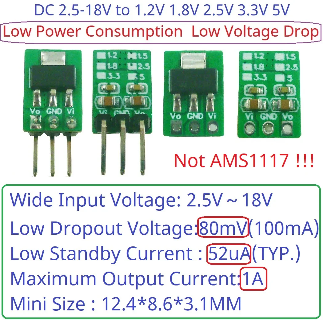 Tiny Out 1A 1.2V 1.8V 2.5V 3.3V 5V 80MV Drop Voltage 60uA Standby Step-Down Buck LDO Module rep AMS1117 7805 for Arduino ESP32