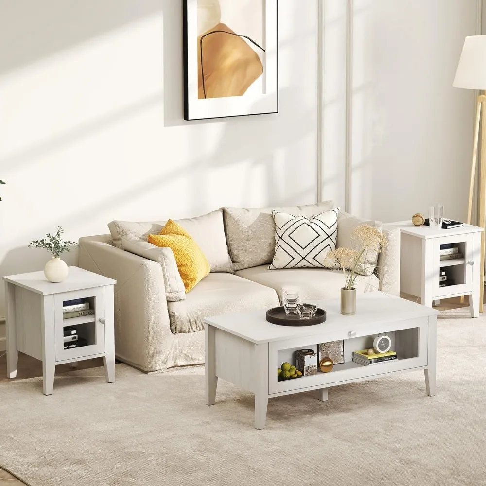 White Modern Coffee Table with Glass Door Storage,Rectangular Wooden Center Table for Living Room, 39.4"*18.9"*16"