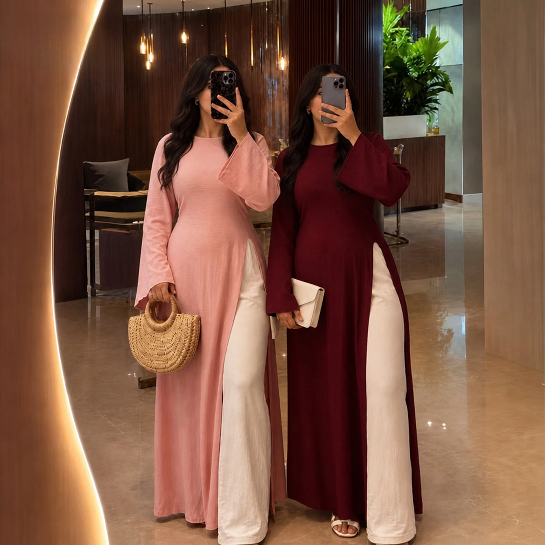 Women Eid Top Pants 2 Piece Set Split Robe Trousers Suit Sashes Long Tops Ramadan Dubai Islam Kaftan Ensemble Muslim Outfits
