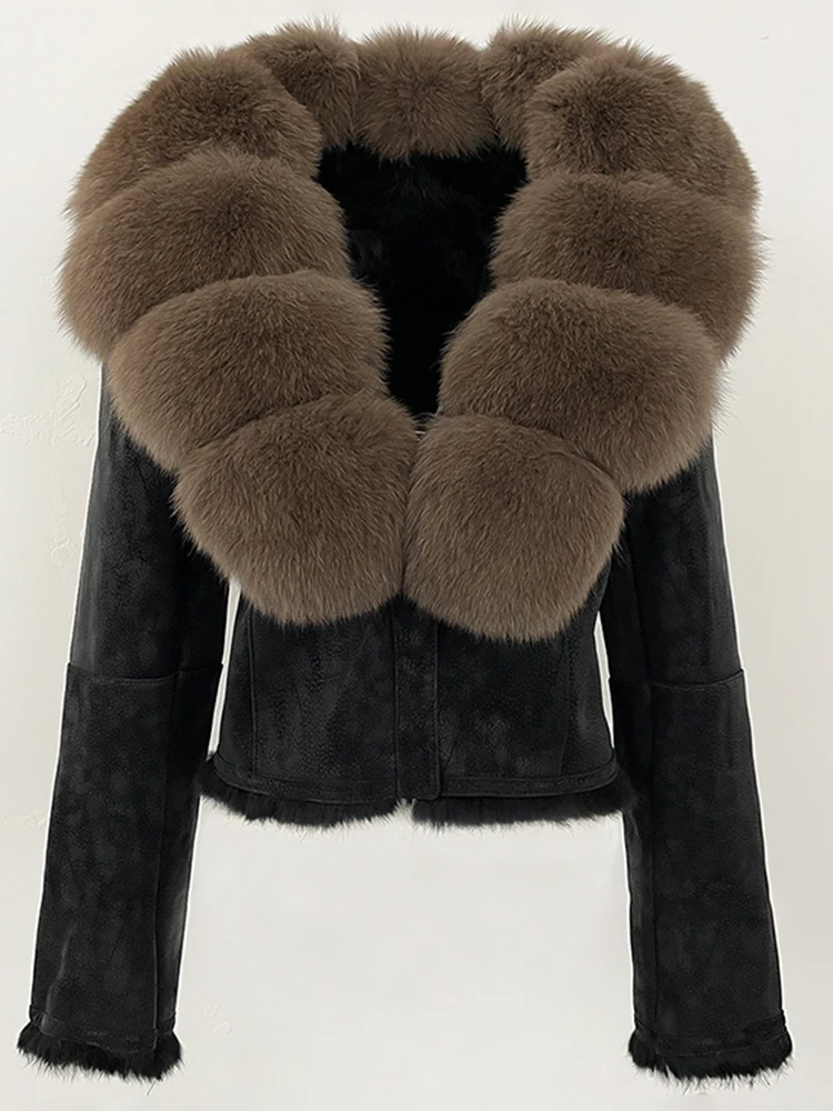 Nowa Jesienno-Zimowa Odzież Futrzana Prawdziwe Futro Królika Podszewka Kurtka Zamszowa Modna Krótka Naturalna Kołnierz z Futra Lisa Płaszcz Damski