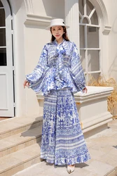 2025 New Elegant For Women Print Casual Loose Lace-up Batwing Sleeve Tops Wide Leg Pants 2 Pieces Suit Fashion Female Tracksuit