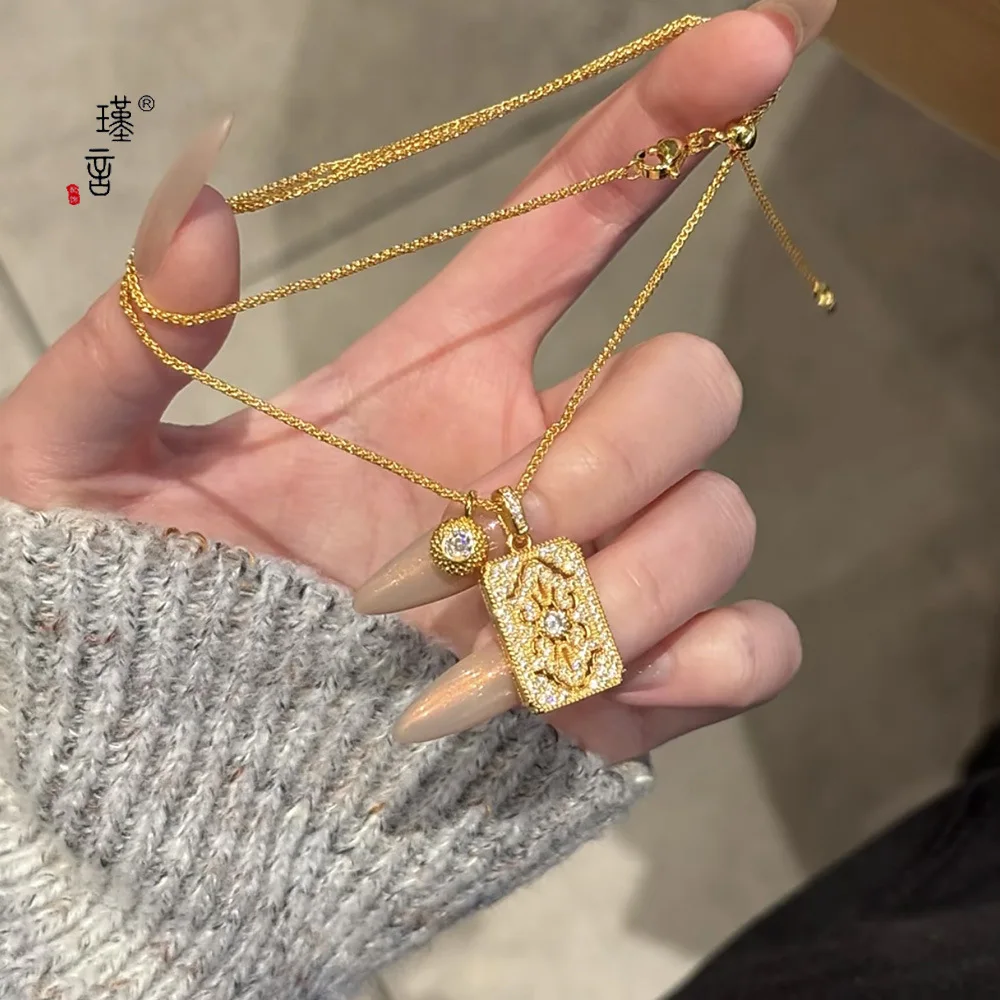 

New style gold shop 9999 24K real gold ancient method full diamond brand necklace bubble diamond carved collarbone chain