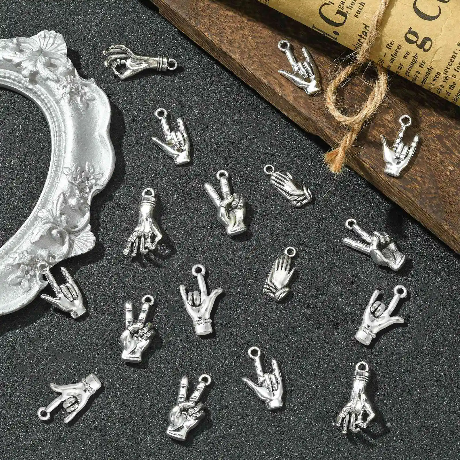 Pandahall 50Pcs 5 Styles Tibetan Hand Gesture Charm Victory Sign Pendants Mini Love Finger Charms for Necklace Earrings Making image 5