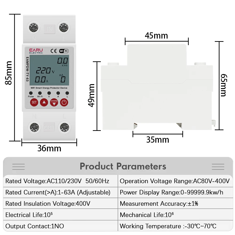 63A TUYA WiFi Smart Circuit Breaker Switch Energy Meter Metering Timer Relay Device With Voltage Current and Leakage Protection