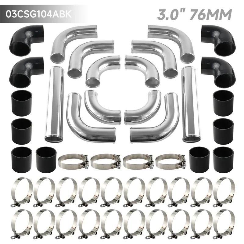 

Polished Sliver Aluminum Intercooler Pipe 3" 76mm Universal 12PCS Turbo Piping+ Silicone Hose T-Clamp Kit Coupler