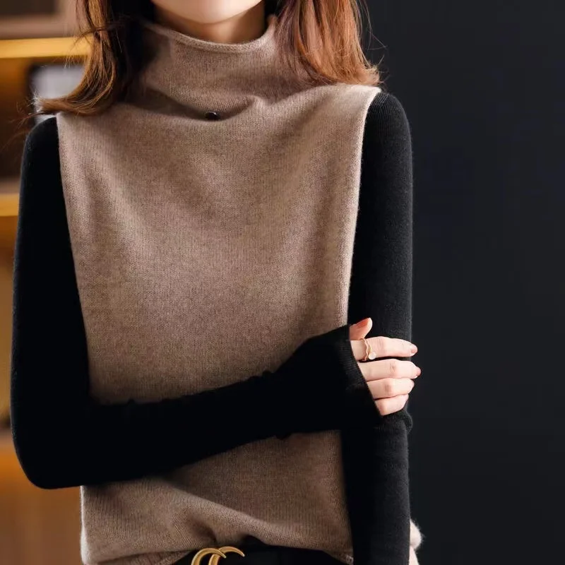 New Women\'s Clothing 2022 Wool Turtleneck Sweater Vest Spring Autumn Loose Knit Sleeveless Pullover Female Soft Vest Waistcoat