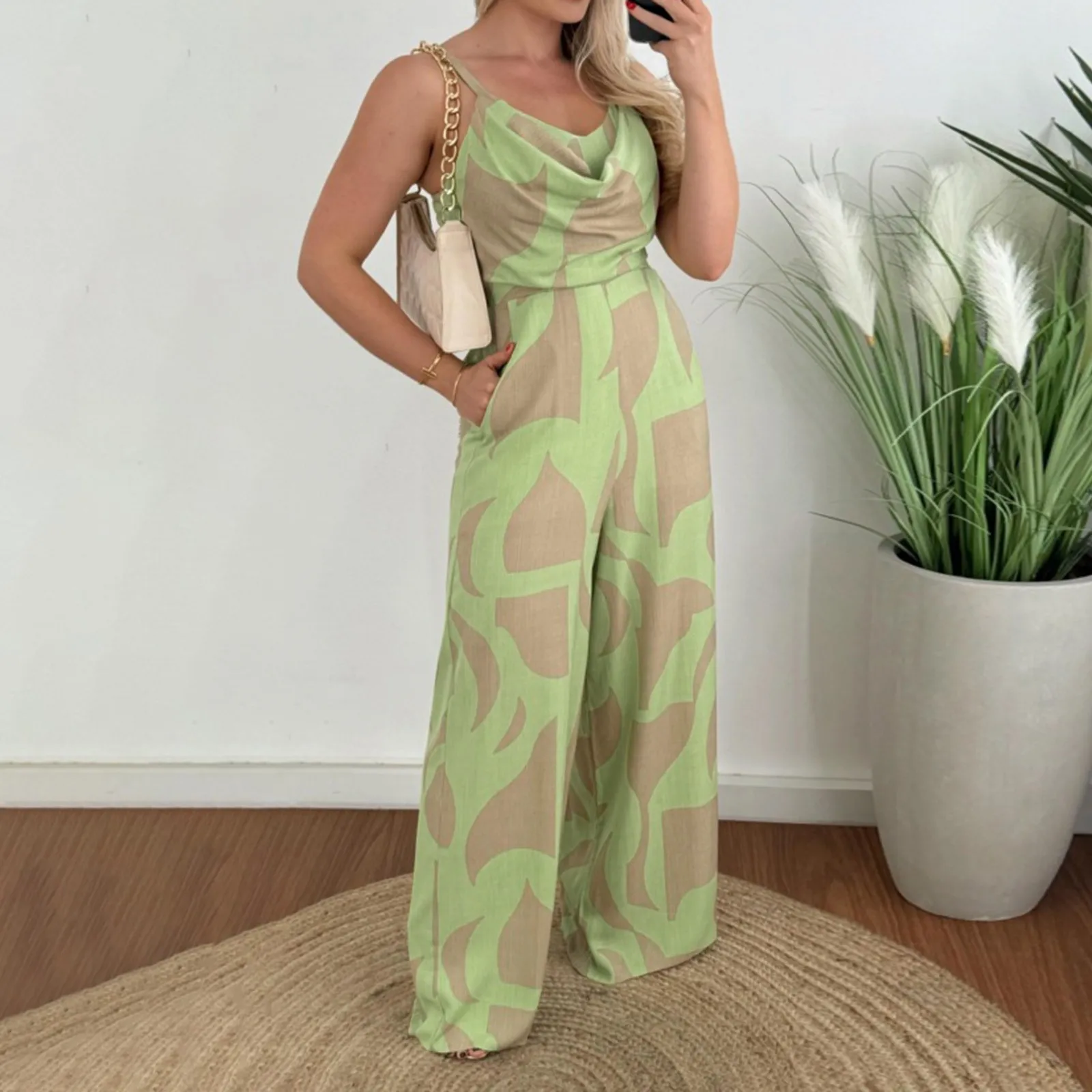 Women Fashion Casual Pocket High Waist Romper Summer V Neck Slim Playsuits Elegant Temperament Prints Long Full Jumpsuit Woman