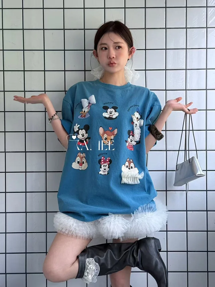 Blue Cartoon Miey Bow Tie ort Sve T-irt Summer New Arrival Dongda Gate Age Reduction Cute Sle Pure Cotton Top