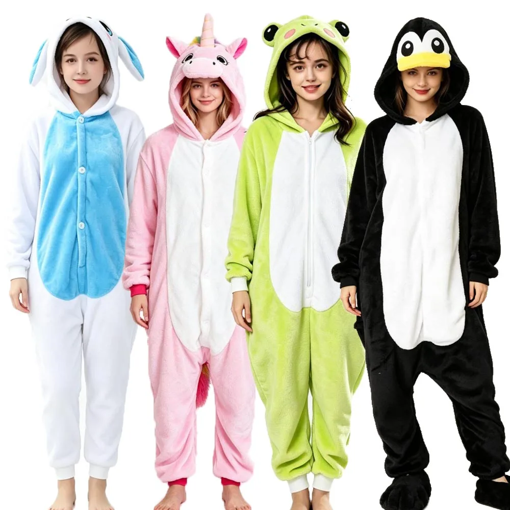 Kigurumi Adults Woman Pajamas Bunny Licorne Frog Penguin Cosplay Costume Winter Warm Man Onesie Sleepwear Pink Purple Green Pjs