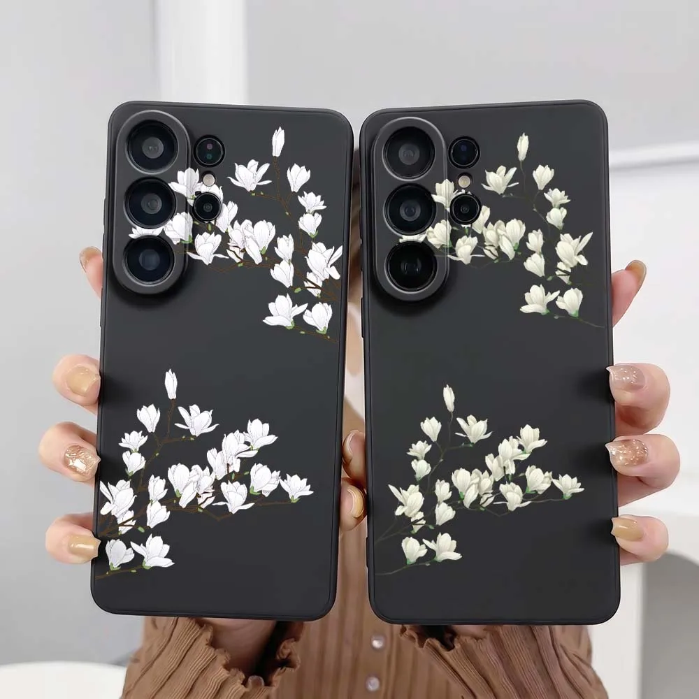 White Magnolia Branch Phone Case For Samsung Galaxy S26 S25 S24 S23 S22 S21 S20 Pro Edge Ultra Plus FE 5G Black Cover