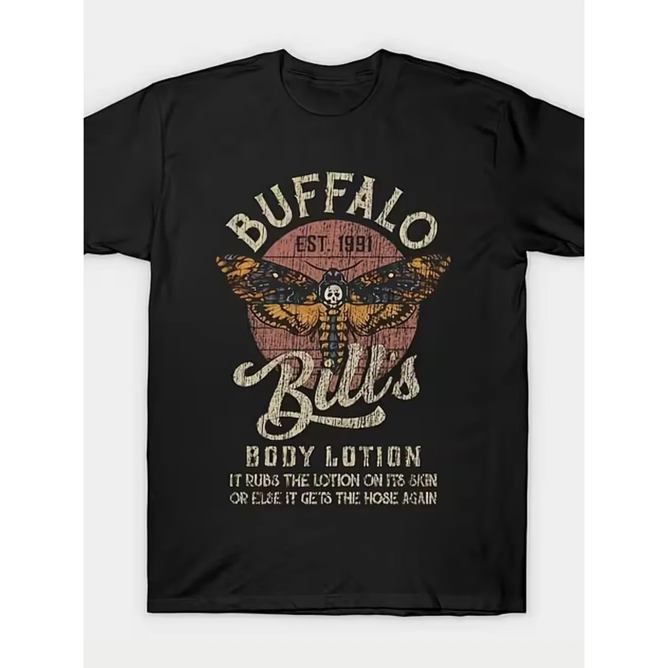 Buffalo Est 1991 Vintage Graphic T Shirt Retro Aesthetic Moth Illustration Body Lotion Funny Quote Tee Casual Crew Neck Short Sleeve Top Unique Novelty Gift For Birthday Casual Wear For Men And Women