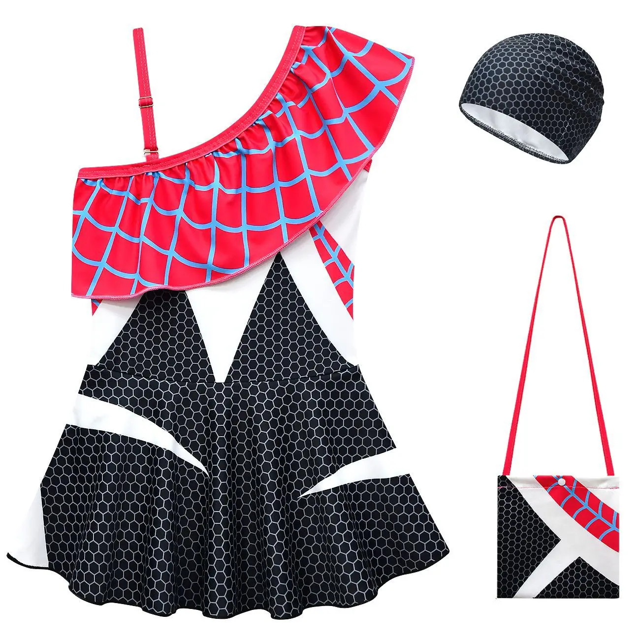 Disney Spiderman Children's One-piece Swimsuit Cap Gwen Parallel Universe Girl's Oblique Shoulder One-piece Swimsuit Sportswear