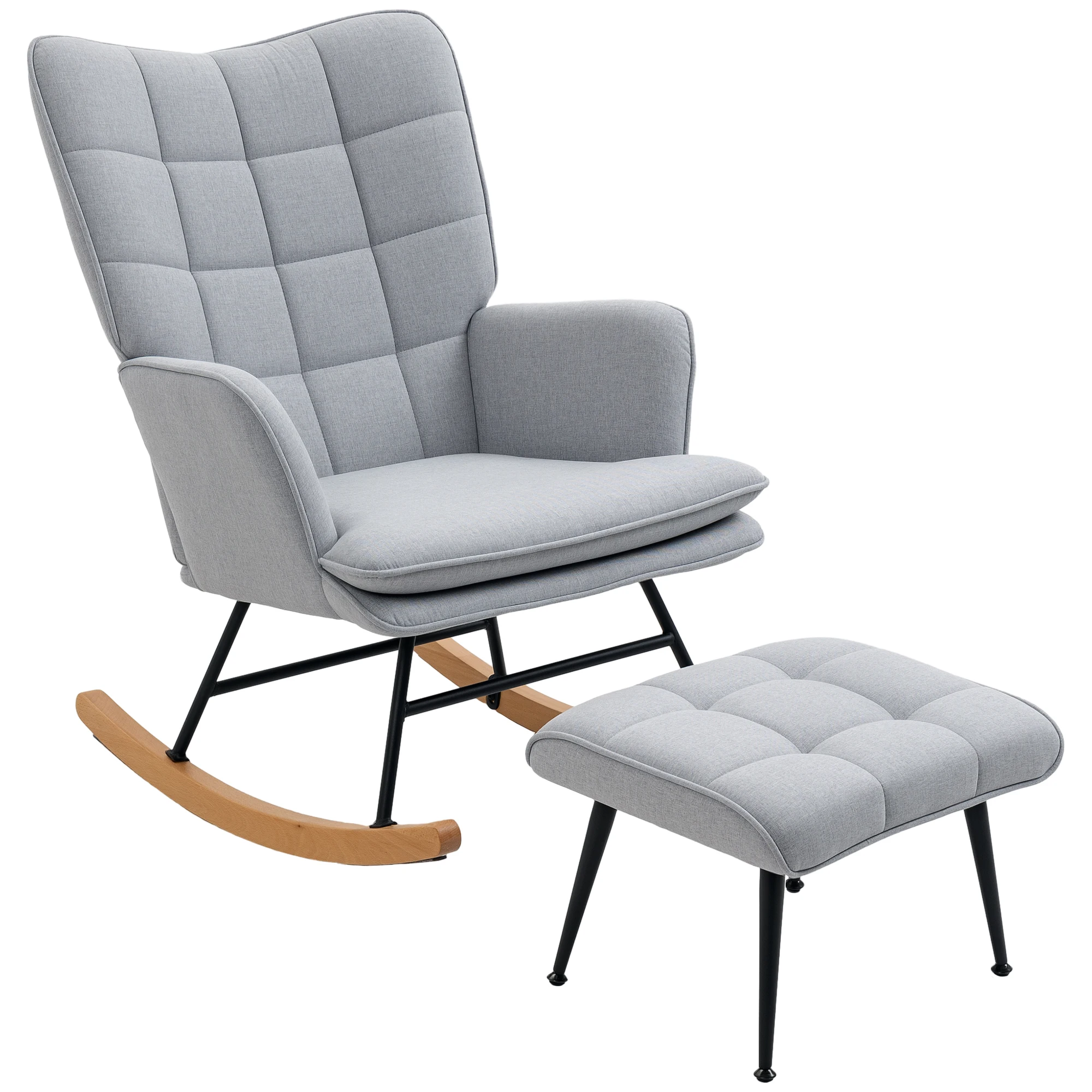 HOMCOM Schaukelstuhl Schwingsessel mit Hocker Relaxsessel mit Leinenoptik