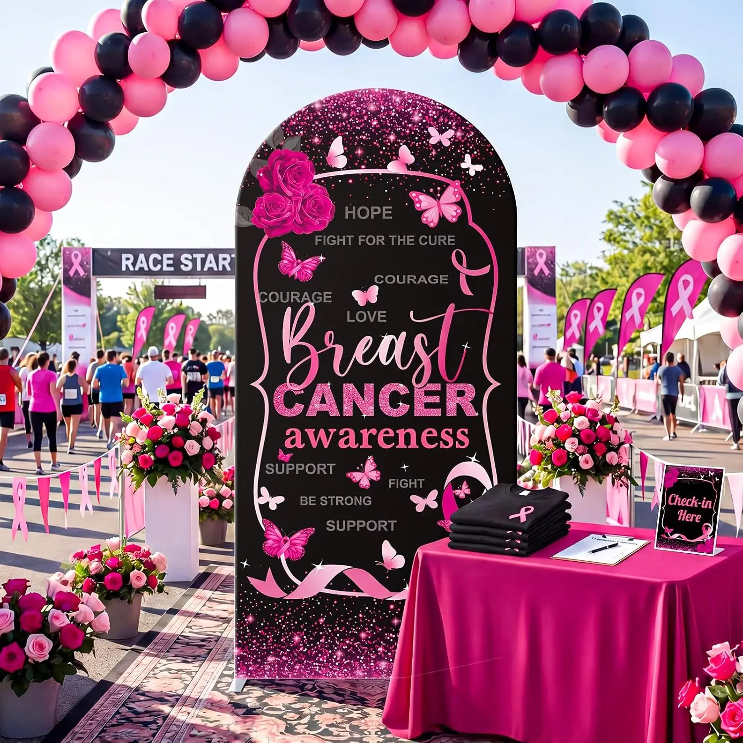 Breast Cancer Awareness Arch Backdrop Cover Black Pink Ribbon Party 2-sided Women Breasts Cancers Faith Hope Background Decor