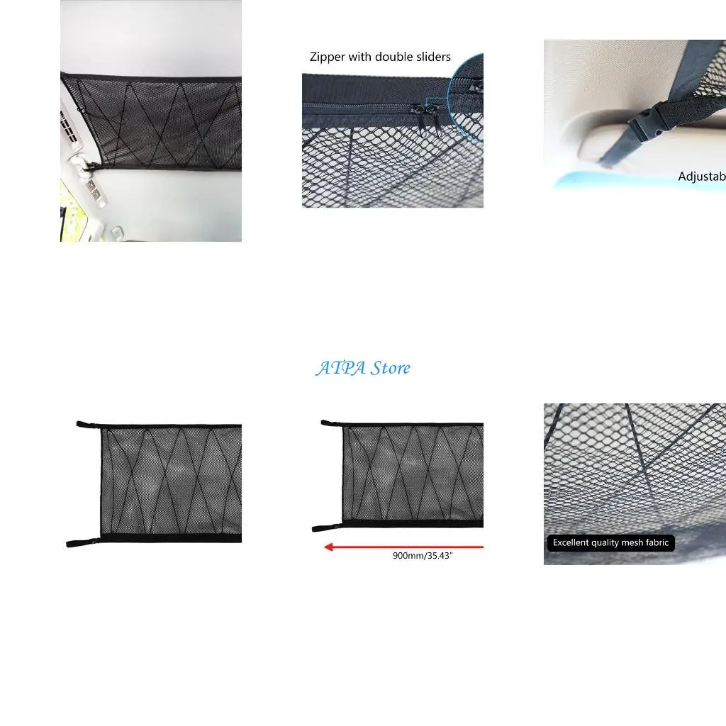 

U13C Car Ceiling Roof Interior Cargo Zipper Net Universal Storage Bag Sundries Adjustable Mesh Pocket For Van SUV