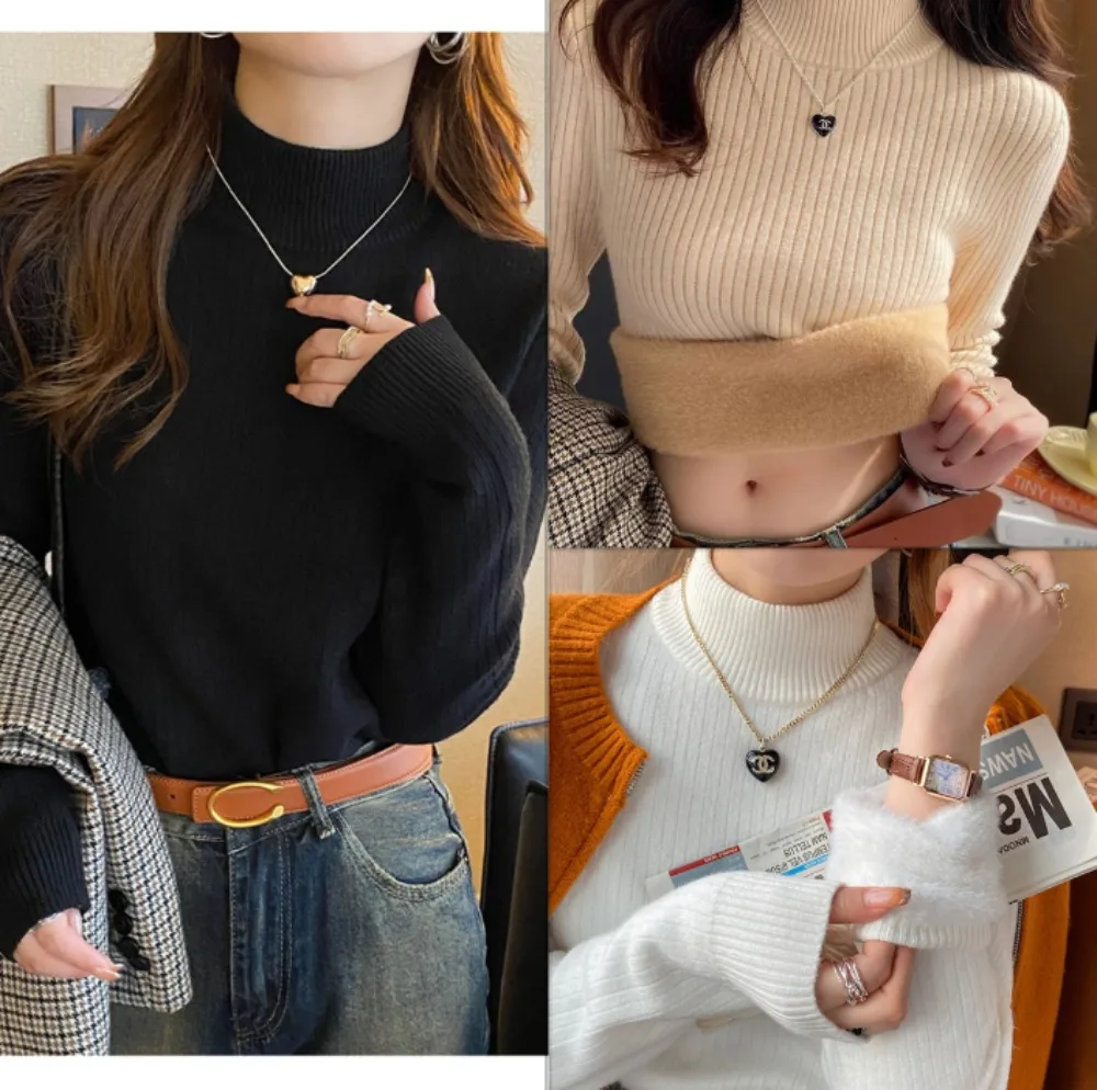 

Модный утолщенный бархатный свитер, женский однотонный тонкий повседневный эластичный вязаный пуловер с полувысоким воротником, джемпер