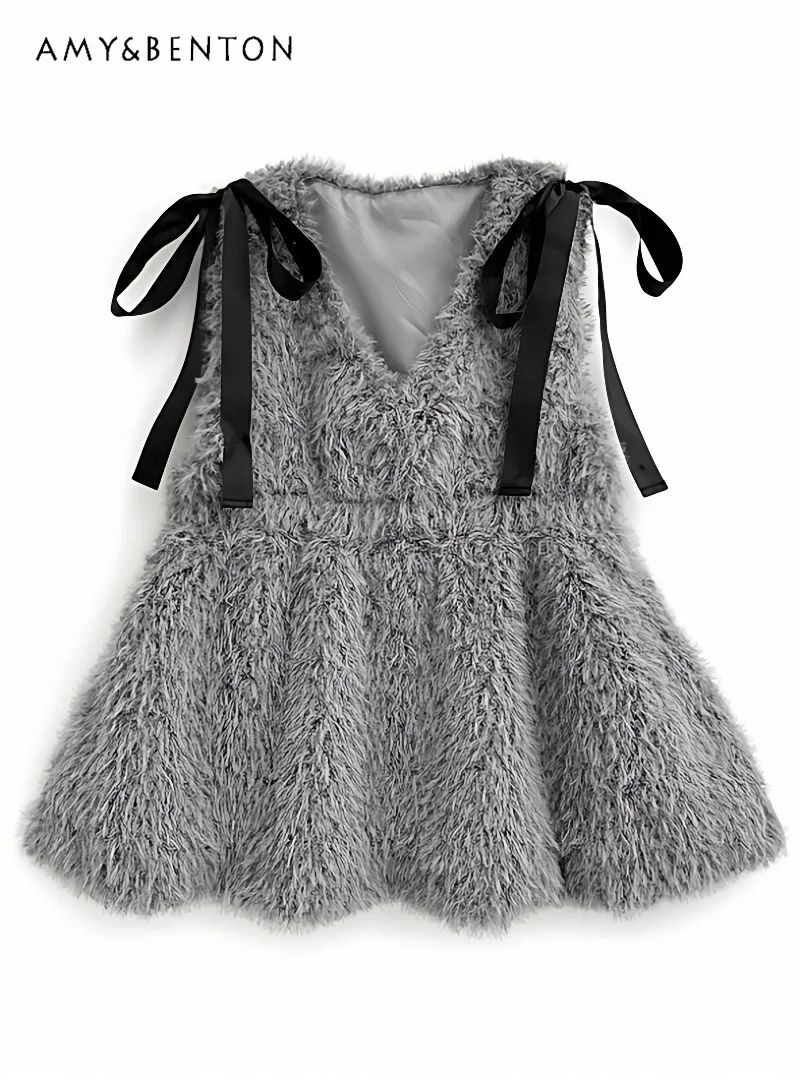 

Японский облегающий плюшевый топ без рукавов с v-образным вырезом и лентой в японском стиле, женский элегантный свободный тонкий универсальный женский топ в пригородном стиле