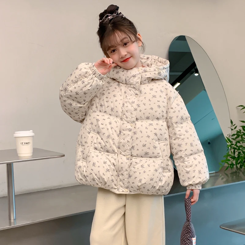 Hot Sale Kids Children High Quality Cotton Padded Quilted Jacket for Girls Floral Print Winter Hooded Parka Coat Warm Outerwear
