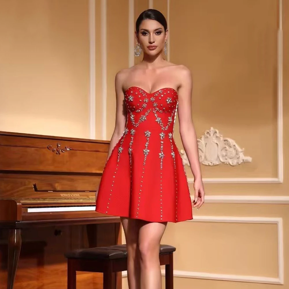 Women Luxury Beading Strapless Bandage Dress Elegant Clothes Club Party Celebrity Mini Dresses