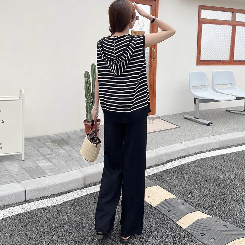 Hooded Drawstring Striped Top Sleeveless Vest Knit 2-Pieces Set Wide Leg Pant Long Solid Trouser Women Clothing Casual Summer