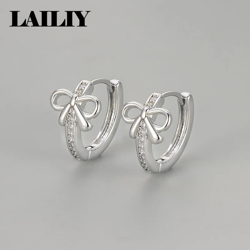 LAILIY 925 Sterling Silver 18K Gold Bow Micro Pave Zirconia Stud Earrings For Women Fashionable Jewelry Engagement Party Gift