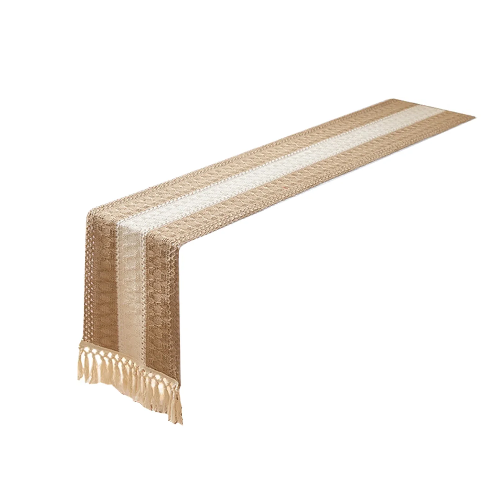 Handwoven cotton and linen table For Runner featuring hollow tassels for use as a decorative table cover in various settings