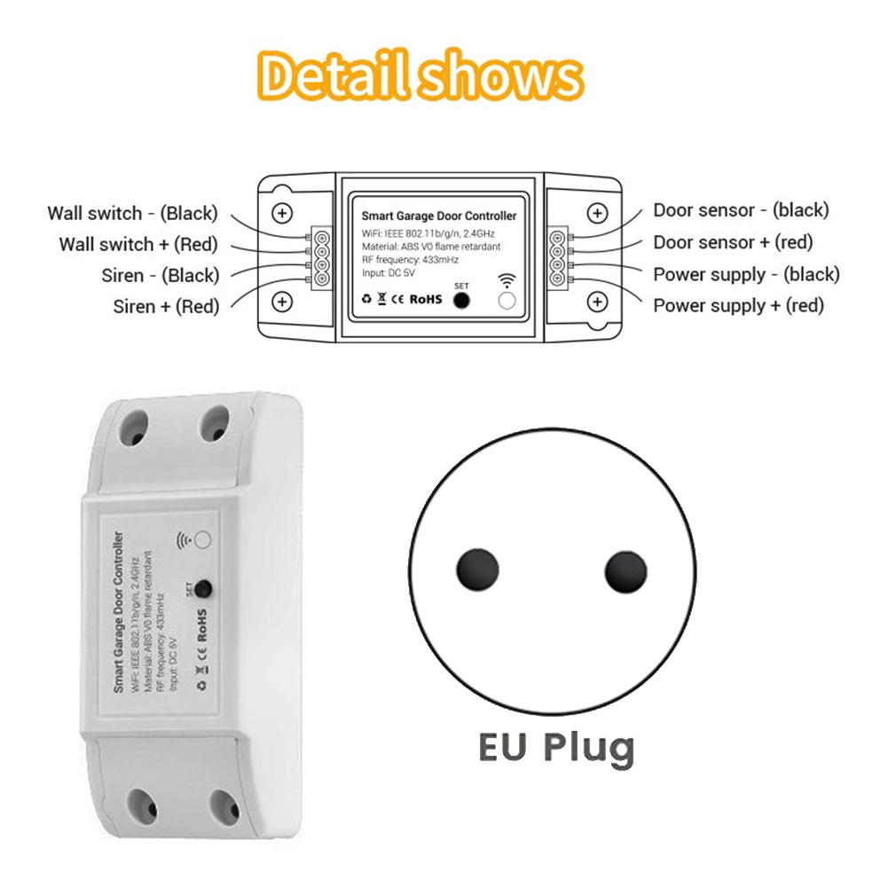 Tuya Smart WIFI 2.4G Garage Door Opener Controller Open & Close By Phone APP No Need Hub for Google Home,EU Plug