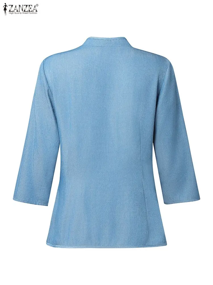 2025 ZANZEA النساء الخريف قمصان جينز 3/4 كم أزرار الخامس الرقبة أنيقة مكتب سيدة البلوزات بلوزات على الموضة الصلبة الإناث Blusas #2