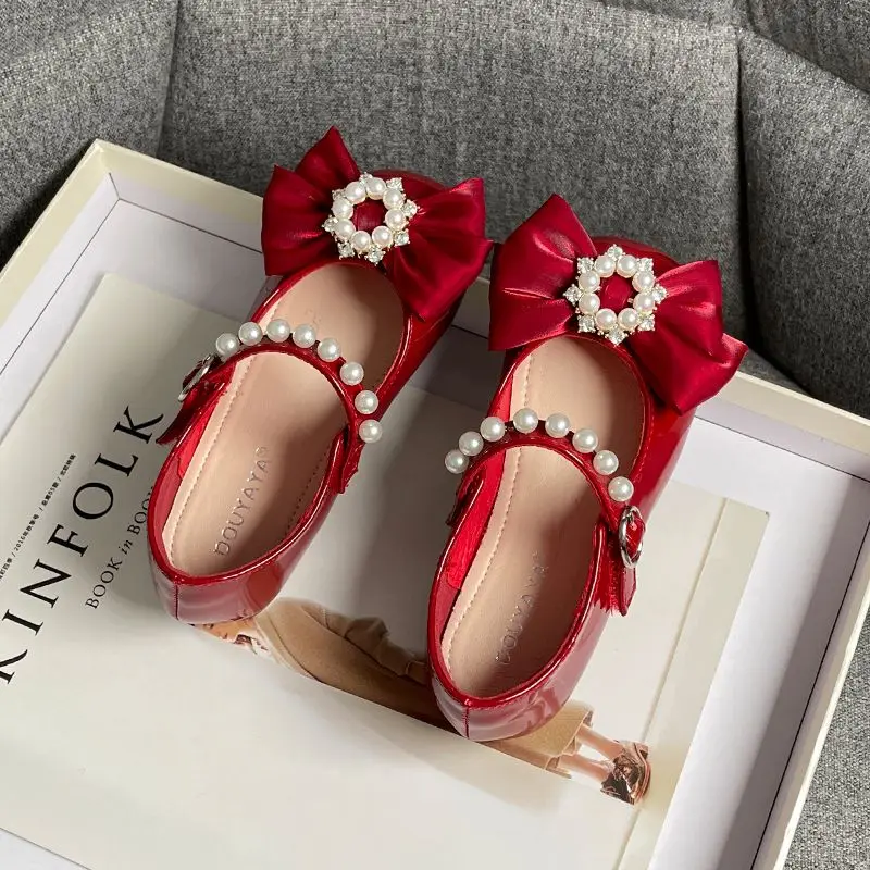 Girl's Mary Janes Pearl Elegant Party Luxury Kids Princess Shoe Flat Patent Leather Shallow Wedding Children Single Shoe 26-36