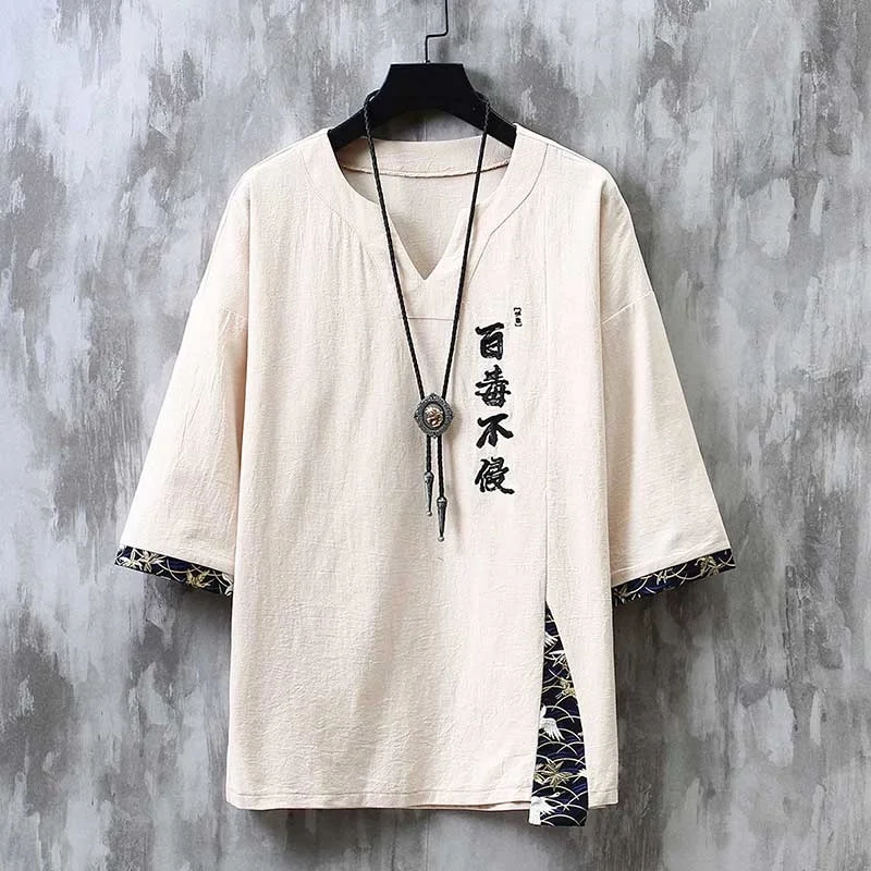 

Summer Chinese Style Text Embroidery T-Shirts Loose Plus Size Patchwork Hanfu V-Neck Oversized Tops Men Clothing Short Sleeve