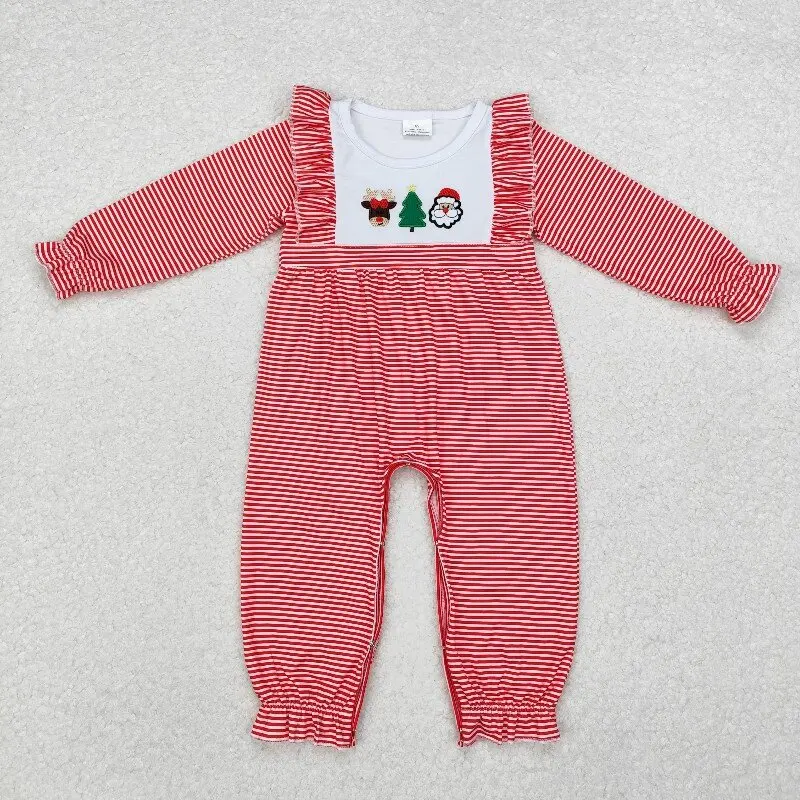 

8.18y Christmas Baby Girls Romper Embroidered Elk & Santa Christmas Tree Pink Lace Long Sleeve Onesie Wholesale Boutique