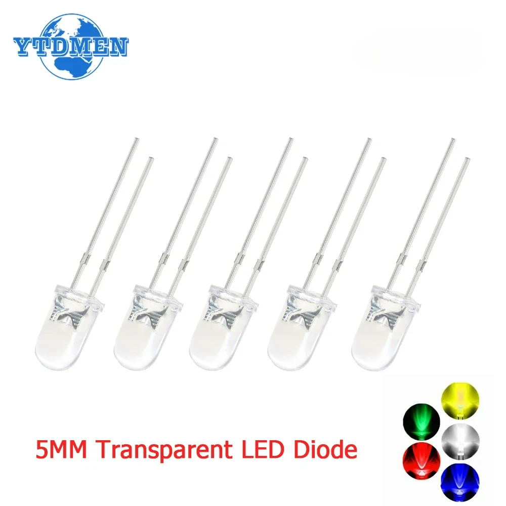 50/100pcs 5mm LED Ultra Bright Transparent White Green Red Blue Yellow Orange Light-Emitting Diode Round LED Assortment Kit
