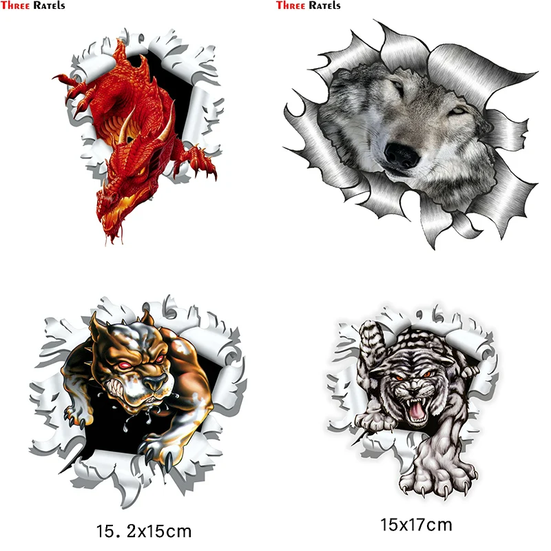 Three Ratels FC184 Ripped Torn Metal Look Design With Wolf Wolves Eyes Face vinyl car sticker Decal
