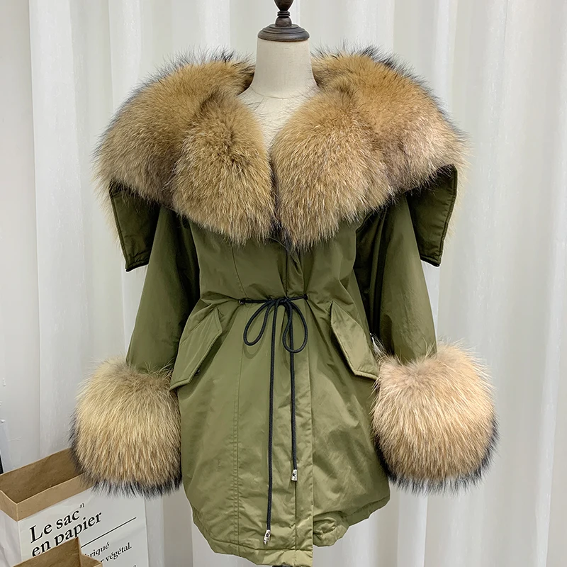Luxury Womens Winter Coats Real Large Fox Fur Overcome Parkas New Female Long Angel Wings Down Liner Fox Fur Jackets Women