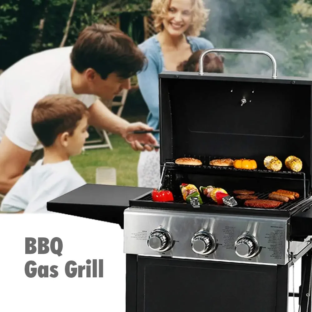 MASTER COOK 3 Burner BBQ Propane Gas Grill Stainless Steel 30,000 BTU Patio Garden Barbecue Grill with Two Foldable Shelves