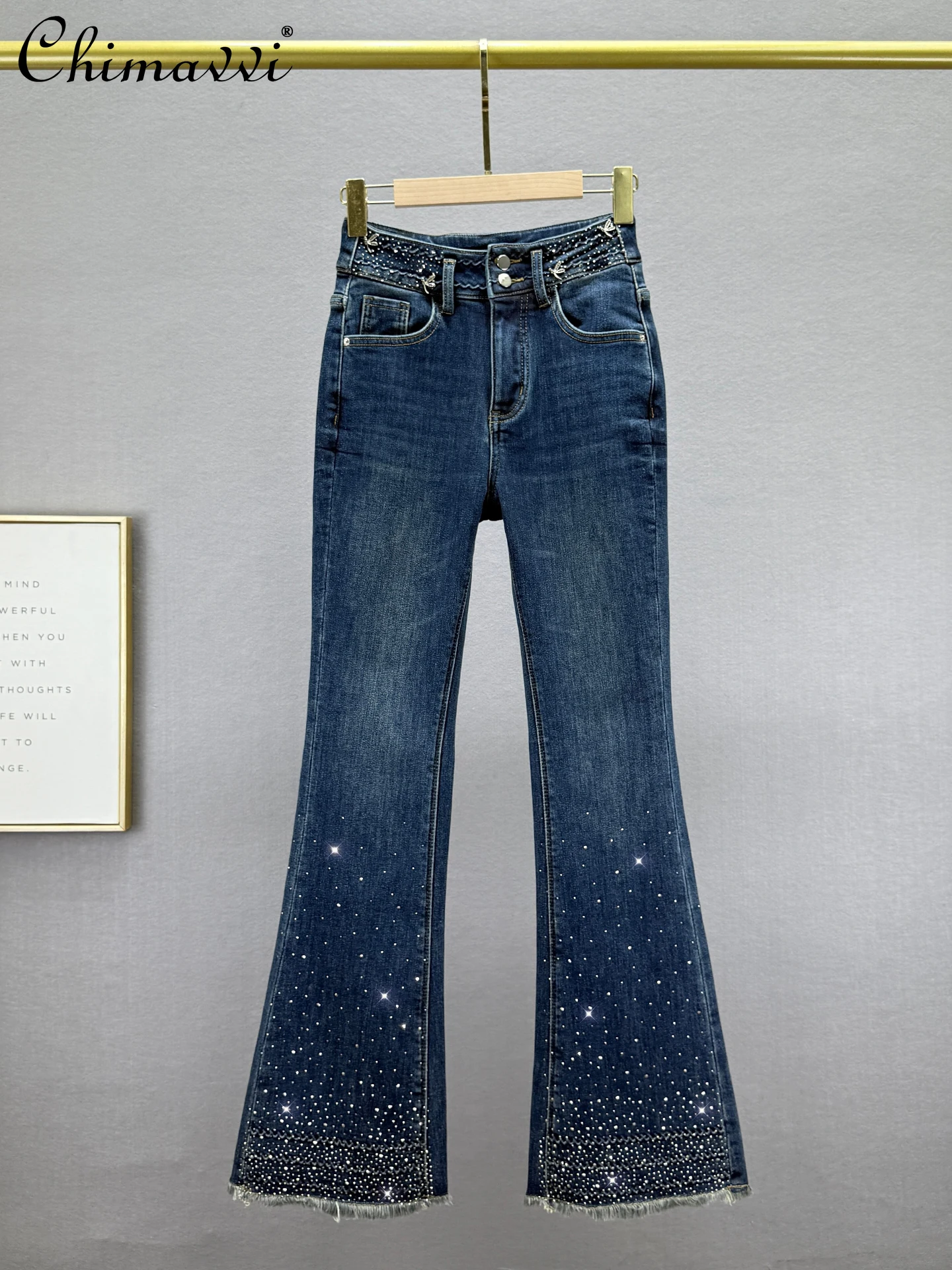 

Fashion Fleece-Lined Jeans for Women 2025 Winter New Heavy High-Waisted Slim Fit European Style Rhinestone Frayed Long Pants